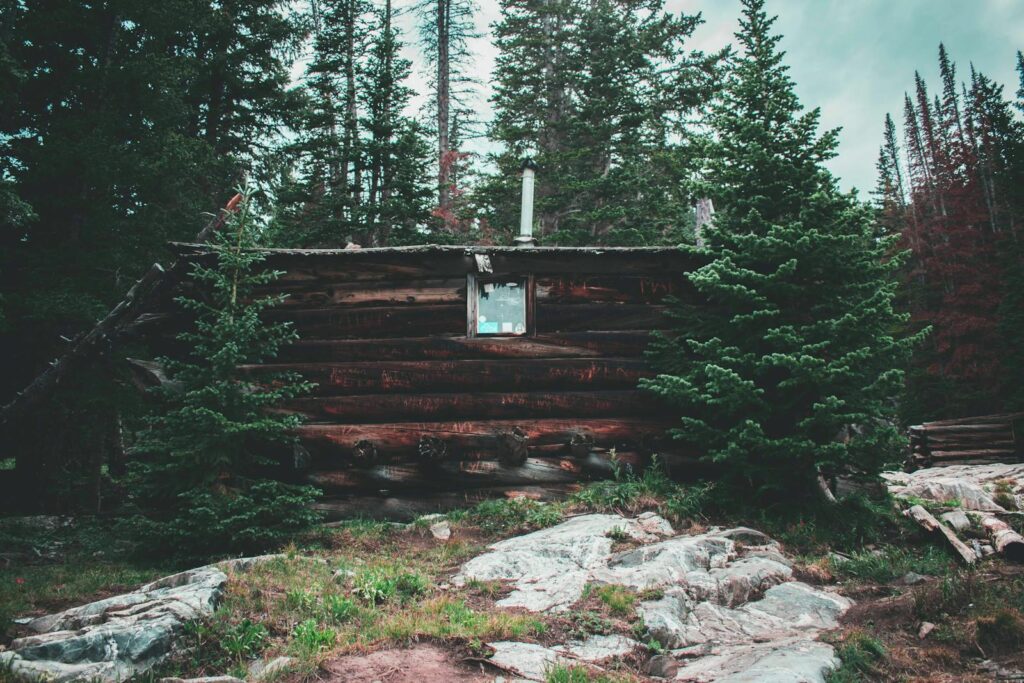 A serene rustic log cabin nestled in a dense forest with rocks and greenery, suggesting tranquility.