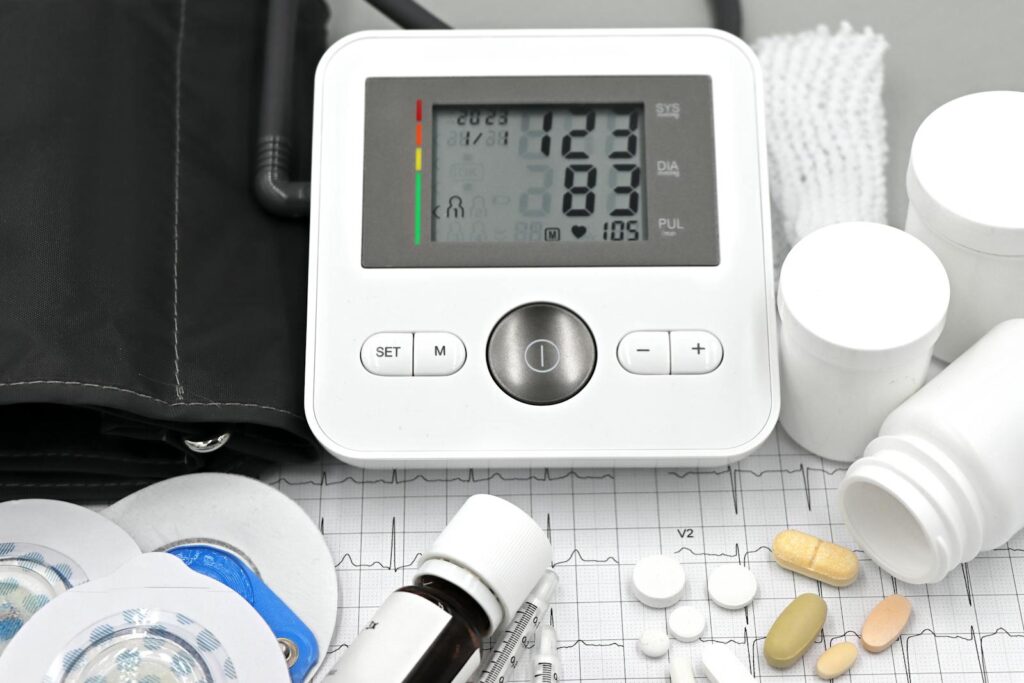 Blood Pressure Monitor with Cardiac Medicine and Electrolytes on ECG Exam