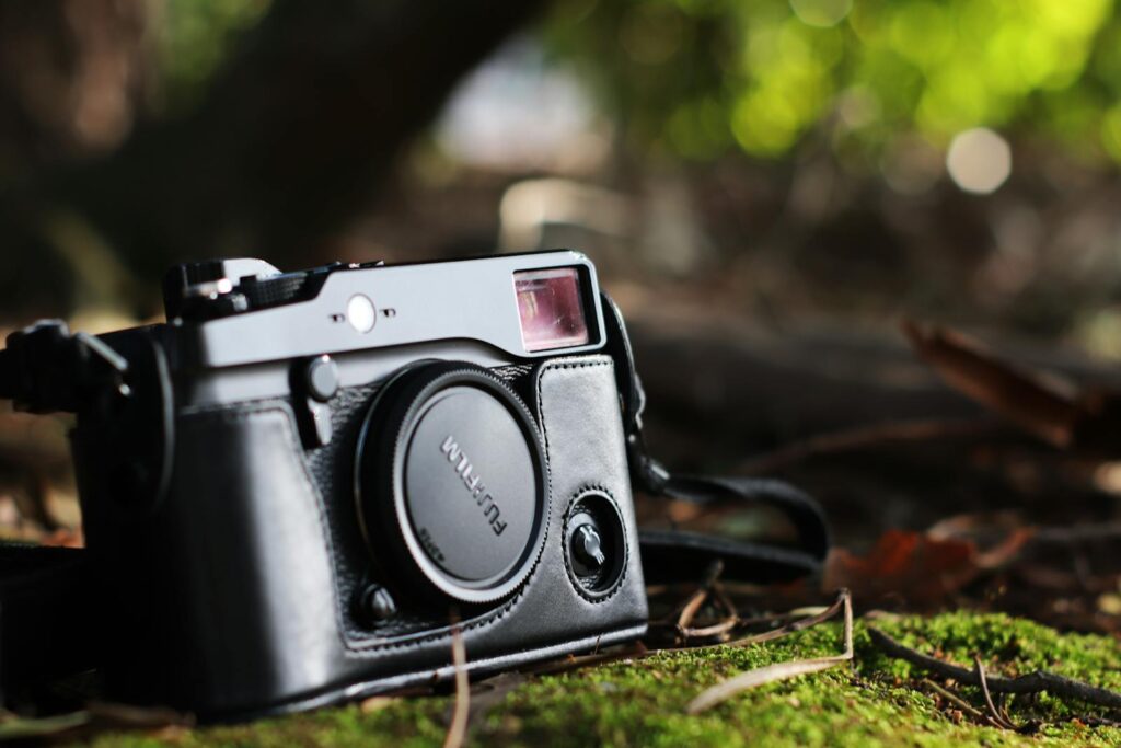 Capture of a fujifilm camera resting on moss in a sunlit forest setting.