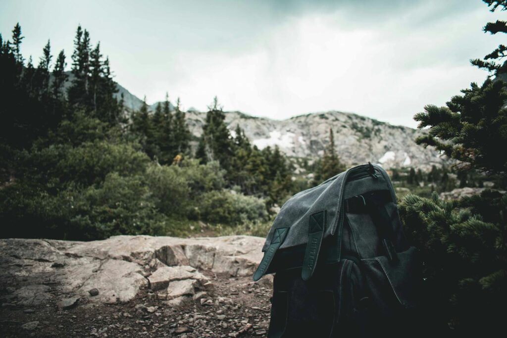 Backpack resting on rocky terrain amidst lush forest and mountain view.