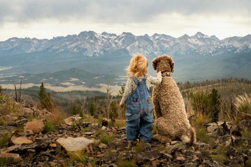 A child in denim overalls hugs a dog while gazing at a breathtaking mountain view.