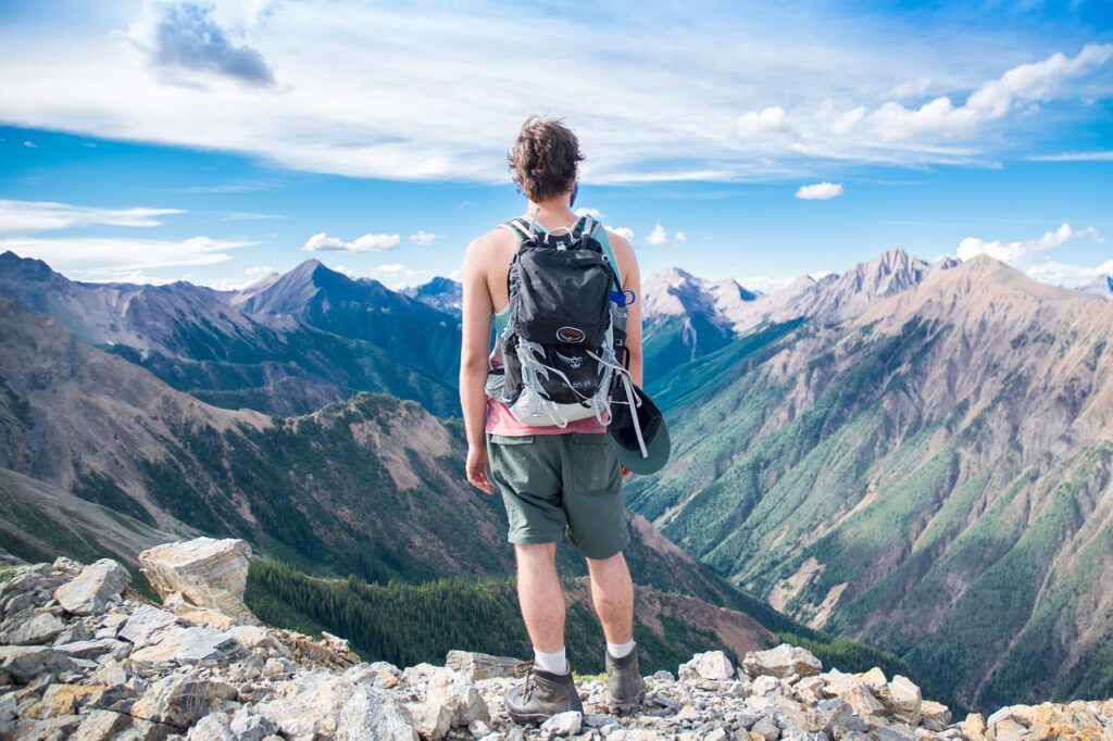 adventure, altitude, backpack, climb, exploration, freedom, high, hike, landscape, man, mountain peaks, mountains, outdoors, person, pinnacle, rocks, scenic, sky, summer, travel, nature, trek, view, viewpoint, blue sky, blue travel, blue landscape, blue mountain, blue summer, blue rock