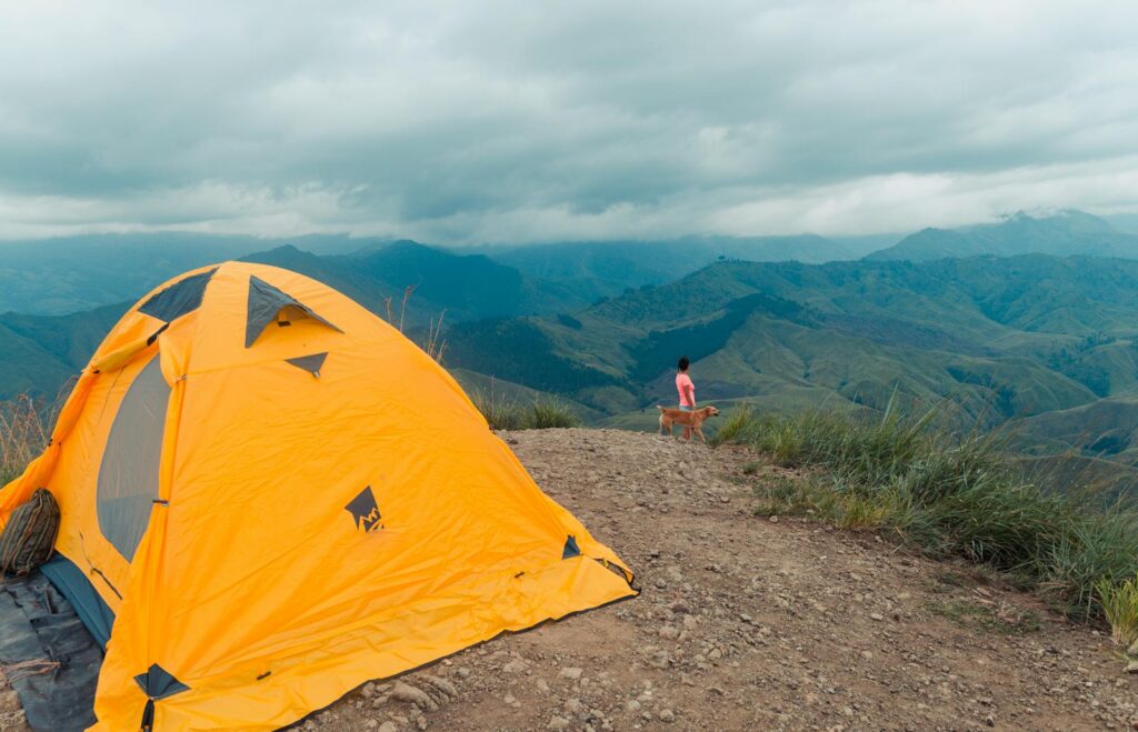 Vibrant yellow tent on a cliff with a hiker and dog, overlooking lush mountains and cloudy skies.