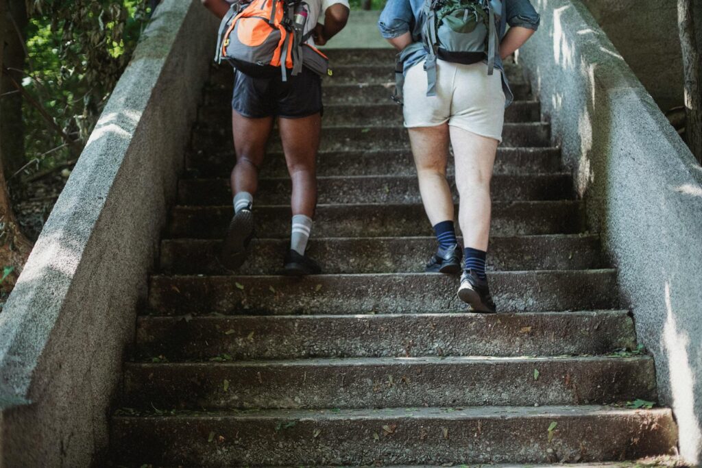 Two men with backpacks hiking up stone stairs in a forest environment during the day.