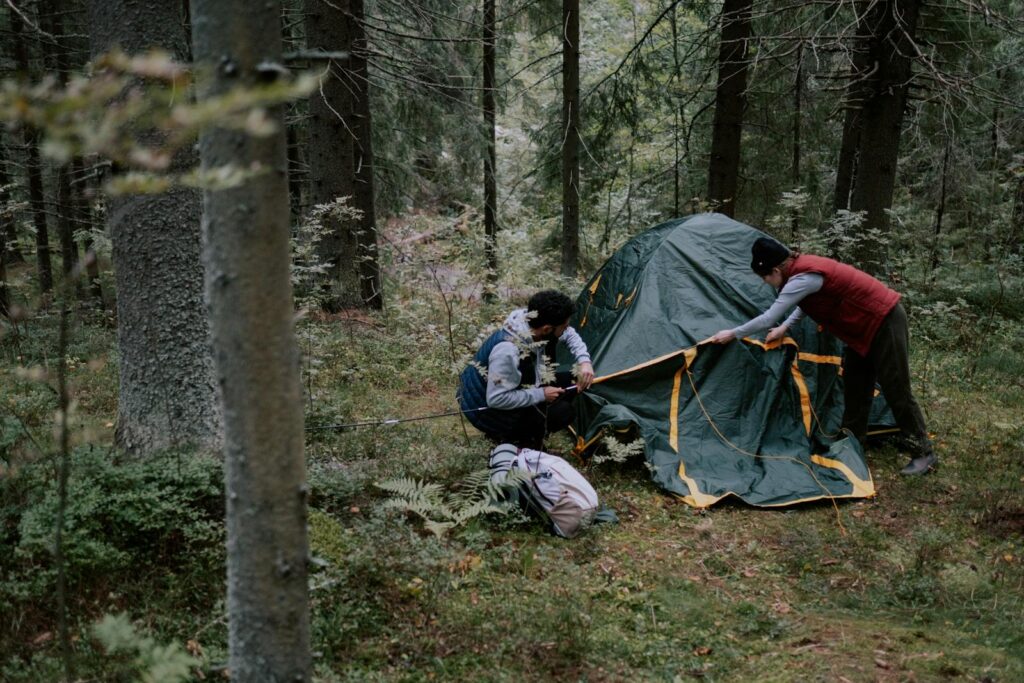 A couple assembling a tent in a lush green forest during a camping adventure.