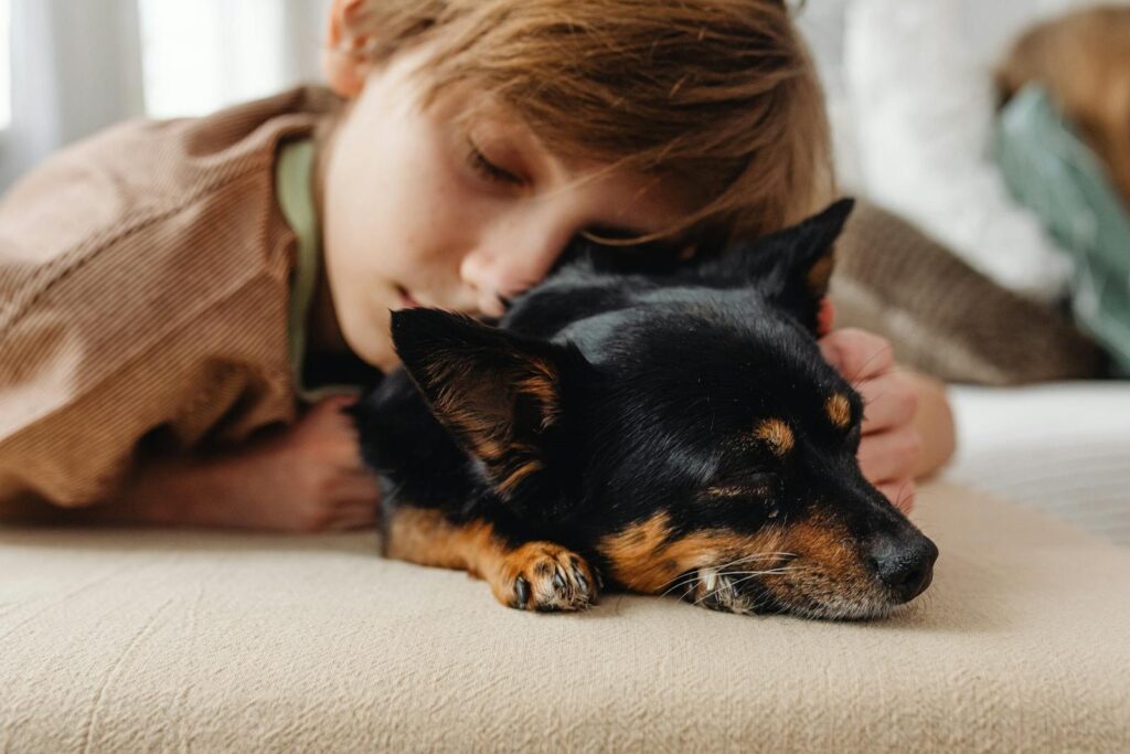 A child and a small black dog sleeping peacefully indoors, showcasing warmth and companionship.