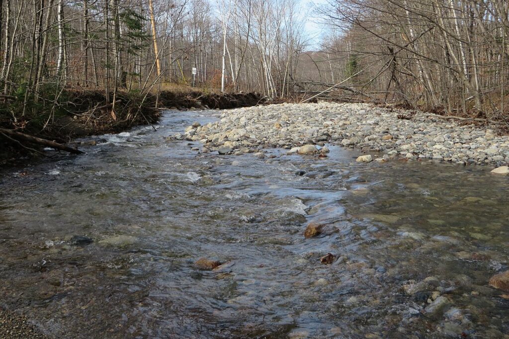A shallow, winding river with smooth stones, bordered by leafless trees and a clear sky, reflecting the beauty of early spring.