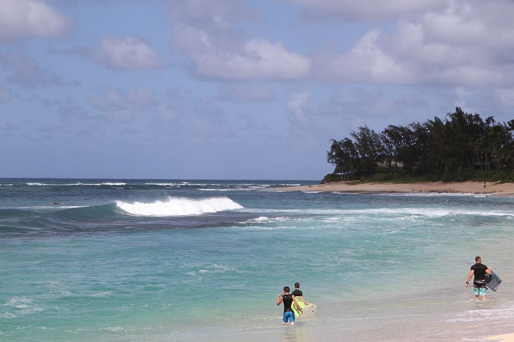 Three children walk along a sandy beach, carrying surfboards, with gentle waves and lush trees in the background under a partly cloudy sky.