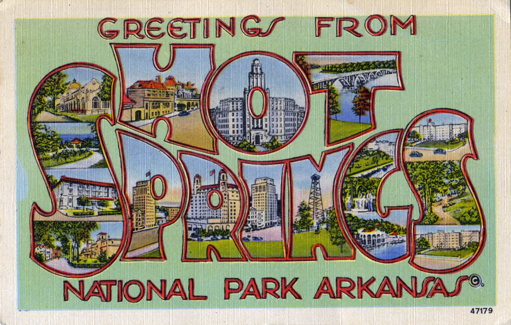 A postcard featuring the text "Greetings from Hot Springs National Park" with a colorful design.