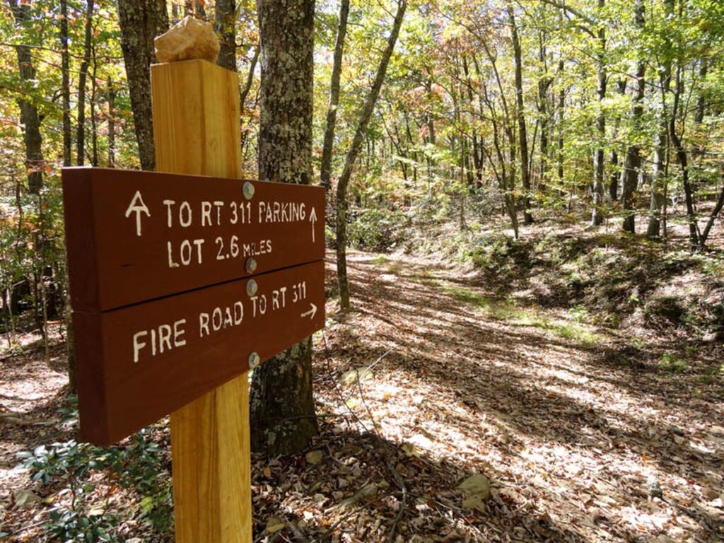 Wooden signpost in a forest directing hikers to RT 311 parking, 2.6 miles away, and the fire road to RT 311. Colorful autumn foliage visible.