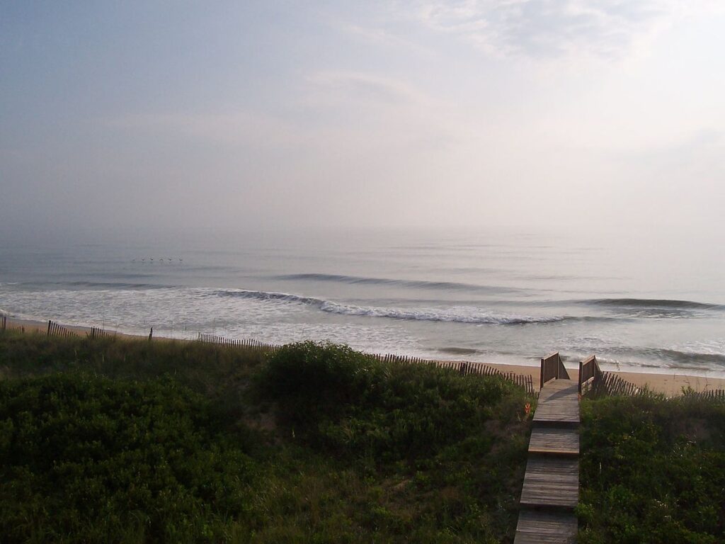 Peaceful beach scene with gentle waves, a sandy shore, and a wooden pathway leading to the ocean, framed by green foliage and fog.