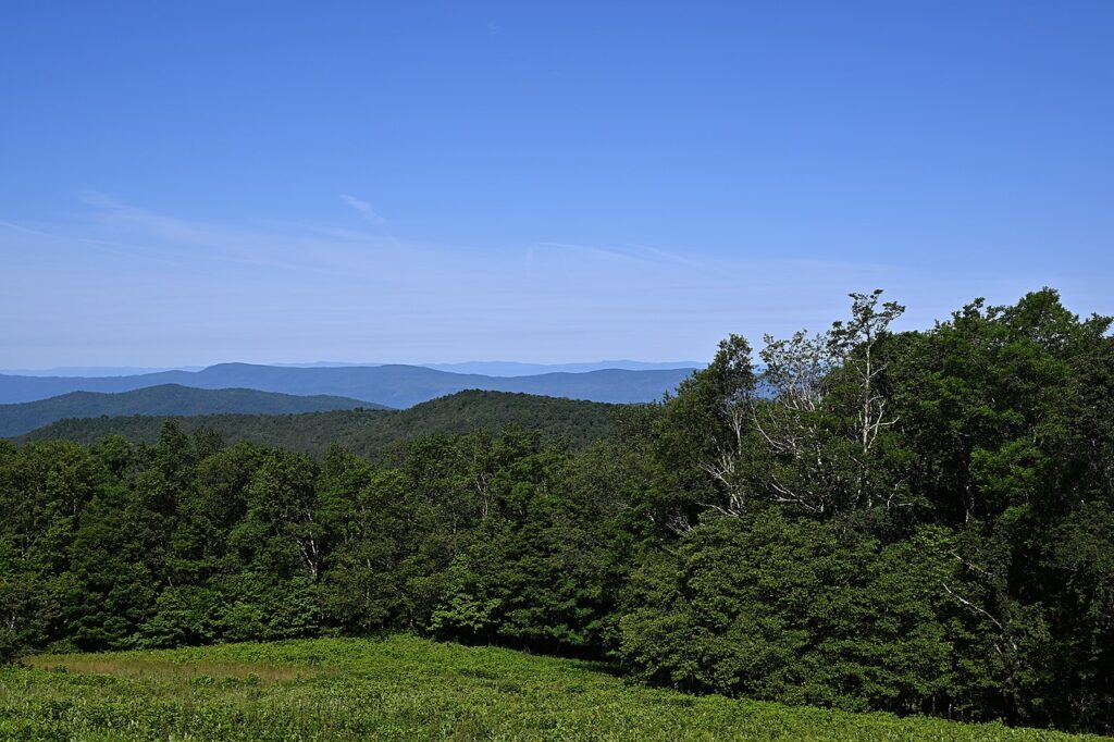 A panoramic view of lush green mountains under a clear blue sky, showcasing layered hills in the distance.