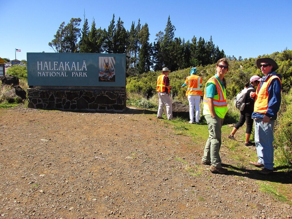 Visitors wearing safety vests gather around the Haleakalā National Park sign, surrounded by lush greenery and clear blue skies.