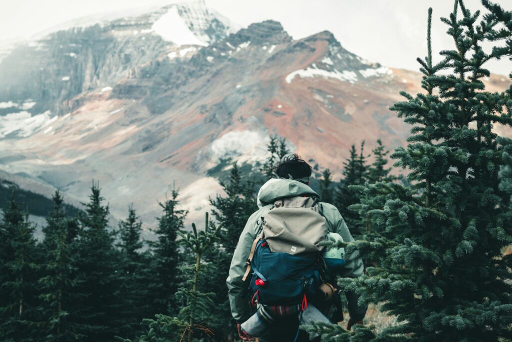 A hiker with a backpack walks through a dense forest, surrounded by majestic mountains under a cloudy sky.