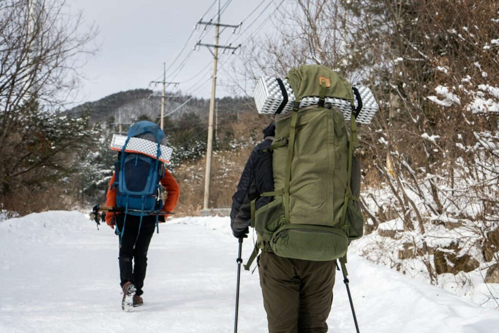 Two hikers with large backpacks walk along a snowy path, surrounded by trees and power lines, against a backdrop of mountains.