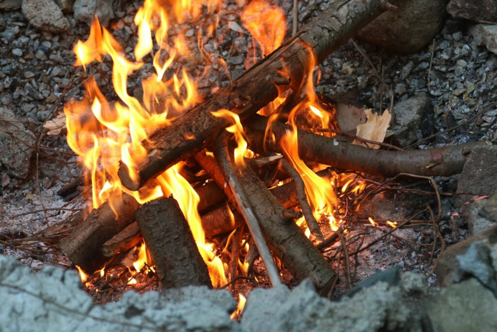 A close up of a fire in a field