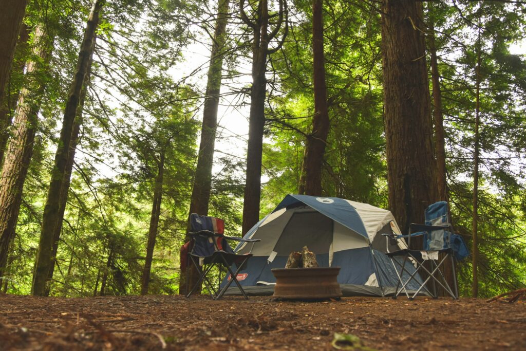 A blue and white tent surrounded by tall trees, with two camping chairs and a fire pit nearby on a forest floor.
