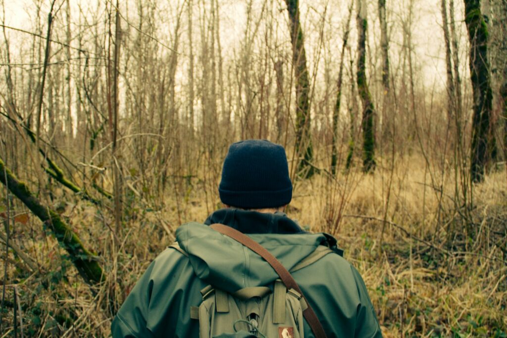 A hiker in a dark beanie and green jacket stands among bare trees and dried grass, gazing into a tranquil forest.