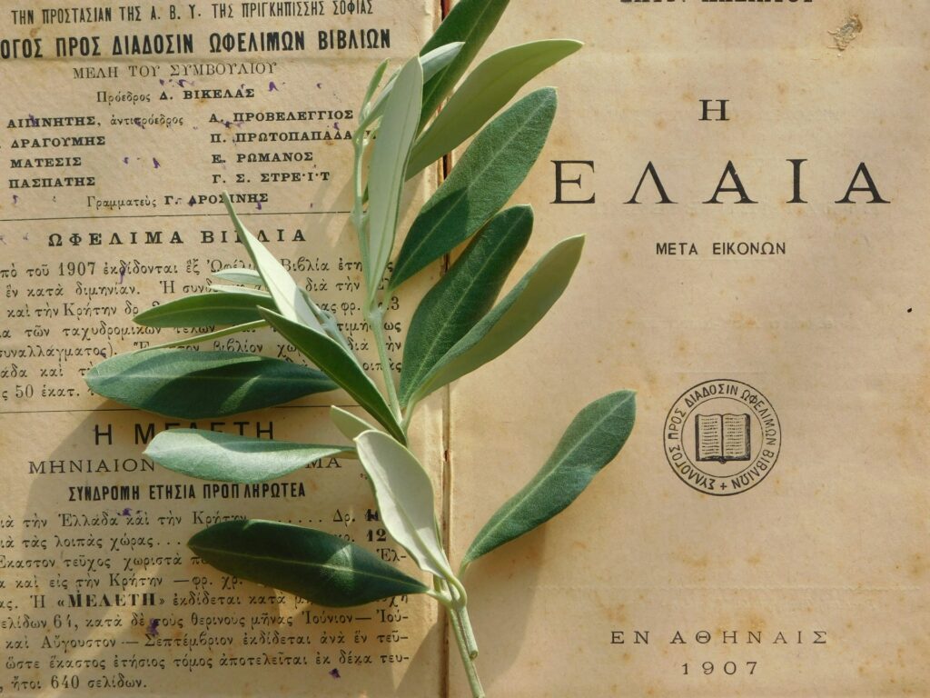 An olive branch rests on an aged Greek book cover titled "Η ΕΛΑΙA" (The Olive), published in 1907.