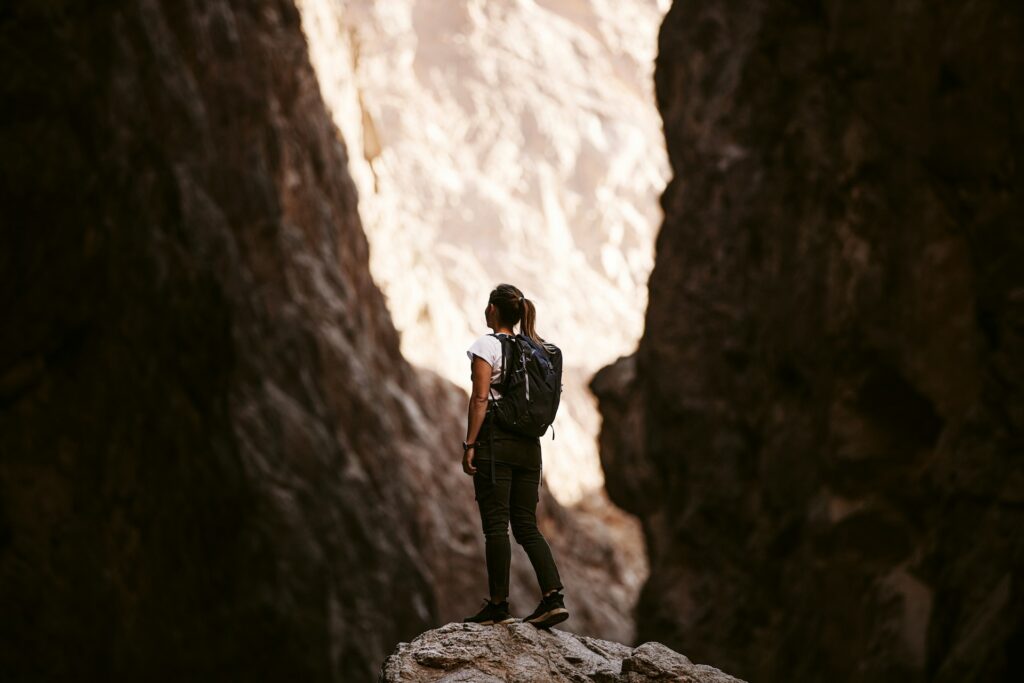 A hiker stands on a rock, gazing up at towering canyon walls bathed in soft light, with a backpack slung over their shoulders.