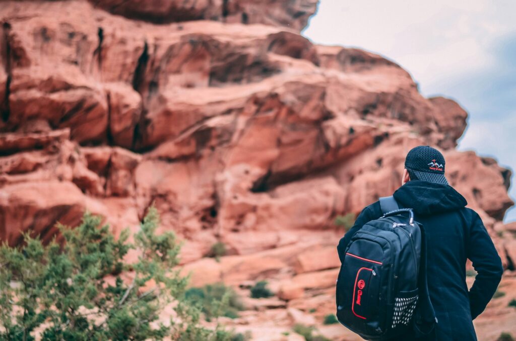 A person wearing a black hoodie and a cap stands near large red rock formations, with green shrubs in the foreground.
