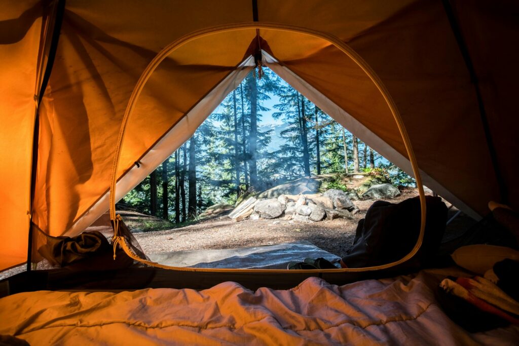 View from inside a tent with an orange fabric, showcasing tall trees and a campfire setup outside amidst a serene forest setting.