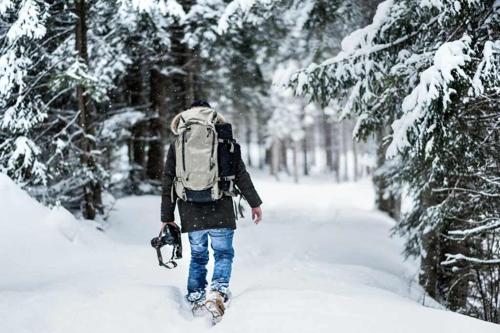 A person with a backpack walks on a snowy path through a winter forest, holding a camera, as snowflakes gently fall around them.