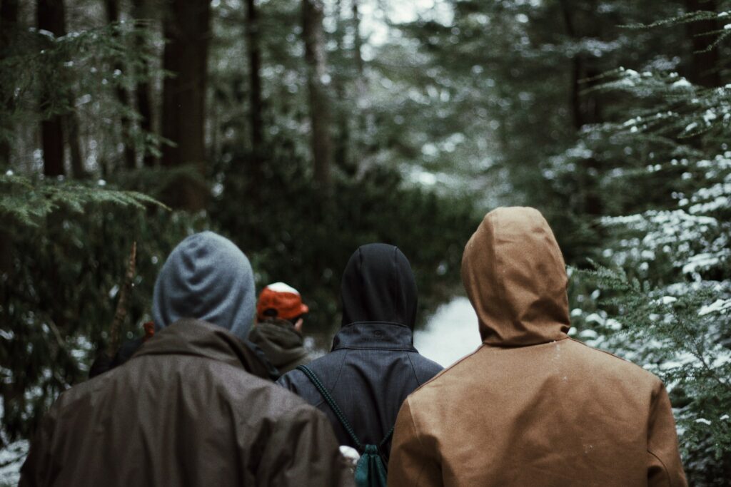 Group of hikers wearing winter jackets and hoods, walking on a snow-dusted forest path surrounded by tall trees.