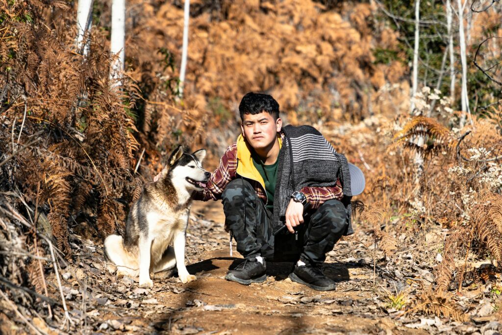 A person kneels on a wooded path, affectionately interacting with a Huskie, surrounded by autumn foliage and sunlight filtering through trees.