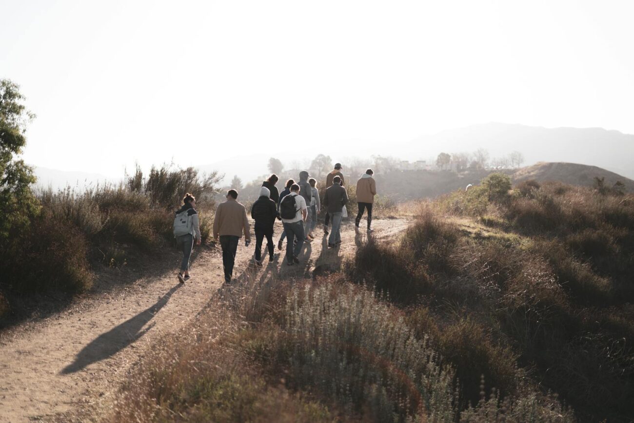 A group of hikers explores a scenic trail at sunrise, surrounded by nature.