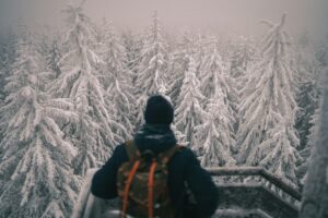 A person with a backpack stands on a snowy mountain, surrounded by a vast, white landscape under a clear blue sky.